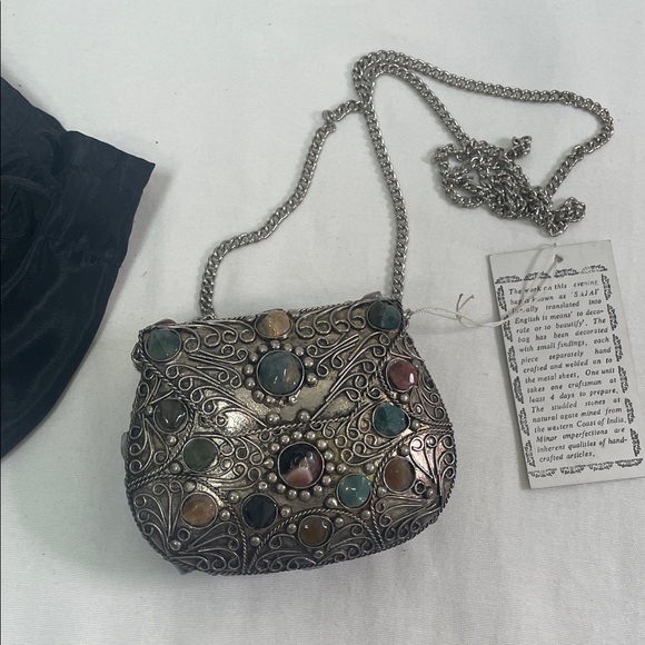 Vintage Metal Purse Sajai With Natural Agate Stones Long Chain mini bag - Picture 2 of 16